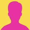 A pink silhoutte of a person with short hair on a yellow background